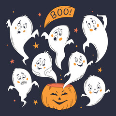 Halloween greeting card with ghosts and pumpkin. One line hand drawn Halloween emoticon ghosts. Funny little cute ghosts. Cartoon style. Happy halloween party. Holidays cartoon character