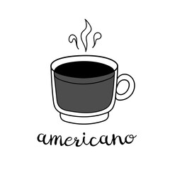 Hand drawn americano coffee cup with lettering. Vector doodle illustration isolated on white. Perfect for menu designs for cafes, restaurants, coffeehouses and coffee shops.