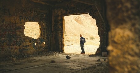 Man inside an old, damaged and abandoned building filled with graffiti.