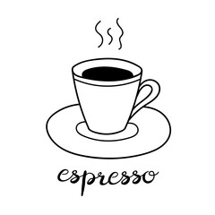Hand drawn espresso coffee cup with lettering. Vector doodle illustration isolated on white. Perfect for menu designs for cafes, restaurants, coffeehouses and coffee shops.