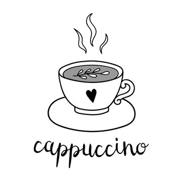 Hand drawn cappuccino coffee cup with lettering. Vector doodle illustration isolated on white. Perfect for menu designs for cafes, restaurants, coffeehouses and coffee shops.