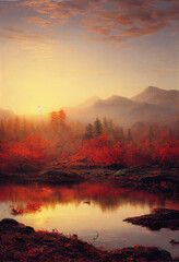 Autumn sunset over the forest river