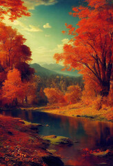 Sunset over the autumn forest lake, spectacular autumn landscape scene