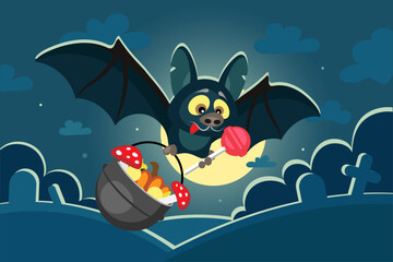 Flying cute Halloween bat with witch cauldron and lollipop at night