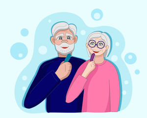 Senior couple brushing teeth on light background