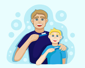 Little boy and his father brushing teeth on light background