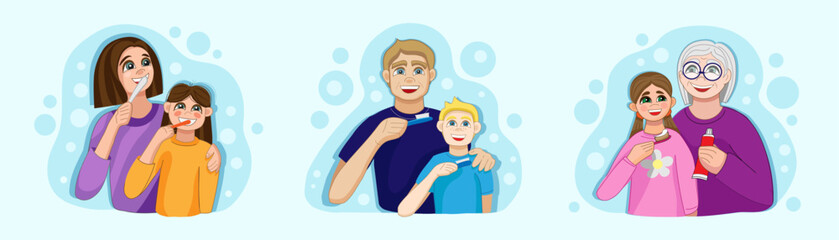 Happy people brushing teeth on light background