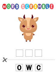 Cow Word scramble . Educational game for kids. English language spelling worksheet for preschool children