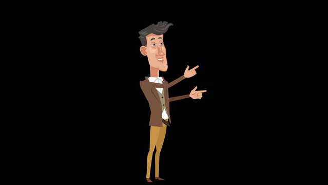Cartoon stylish fancy guy character pointing fingers gesture animation with alpha channel