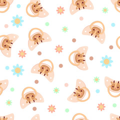 Seamless children's pattern on a white background. A dummy with a cow. Pacifier for children