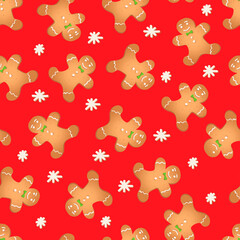 Seamless pattern with ginger cookies on a red background. Gingerbread man,