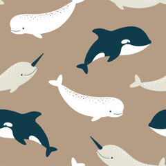 Vector seamless pattern with cute killer whale, beluga and narwhal
