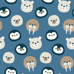 Vector seamless pattern with cute muzzles of penguin, polar white bear, walrus and fur seal
