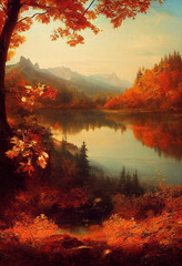 Naklejka na ściany i meble Beautiful autumn sunset over the forest river
