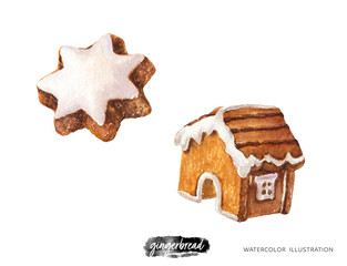 Gingerbread christmas cookies star and house watercolor illustration isolated on white background. Christmas, New Year cooking winter holidays collection.