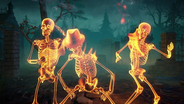 Dancing burning skeletons at graveyard. Halloween party. 