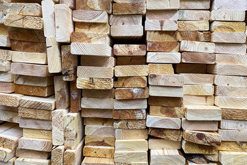 Many wooden boards are stacked. Lumber for construction
