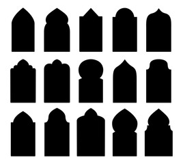 Set of silhouettes of arabic arch windows. Traditional design elements. Vector illustration