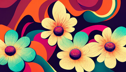 Fototapeta na wymiar Psychedelic Flowers background, 60s style, vector style, colorful, by Artificial Intelligence
