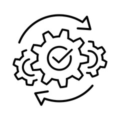 Successful operations or project icon. Gears with check mark and arrows thin line symbol in black. Effective integration sign on white. Simple startup icon. Vector illustration for graphic design, Web