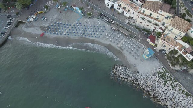 Aerial view of the beach in Cetara, Amalfi Coast, Salerno, Campania, Italy.