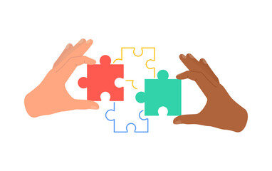 Human hands connecting puzzle pieces together. Business team finding solution and solving problem with jigsaw. Vector illustration isolated on white background.