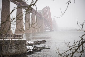 View of the George IV Bridge Rail Bridge from South Queensferry across the water of the Firth of...