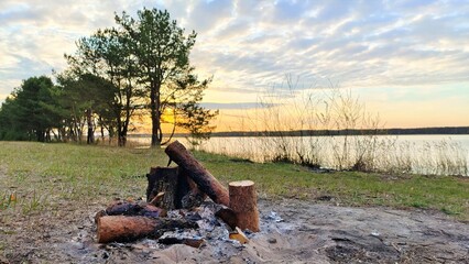The sun rising over the forest breaks through the branches of the pine trees growing on the shore of the lake. There is a fire pit with ash and pine firewood