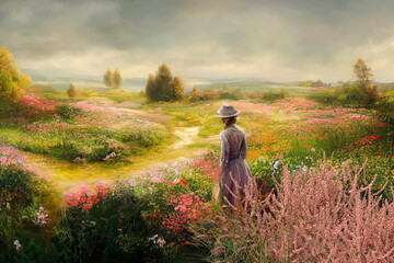  woman on wild field with flowers blue cloudy sky nature landscape art painting  background