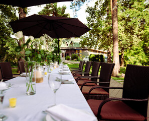 Decorated plate with fork and spoon. wedding Table restaurant