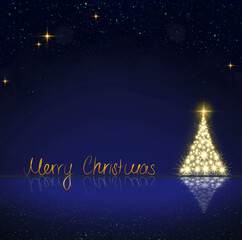 Golden Christmas tree and stars sky background.