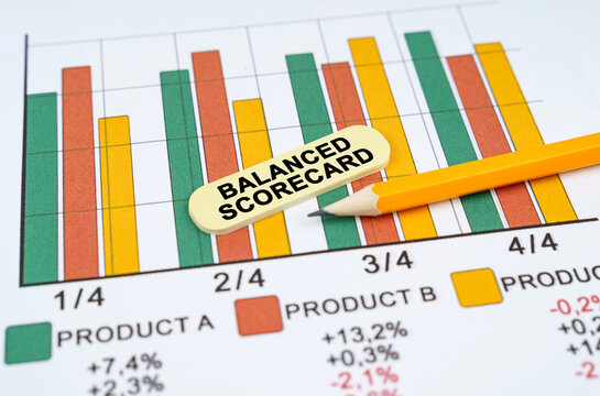 On business reports - diagrams there is a pencil and a sticker with the inscription - BALANCED SCORECARD