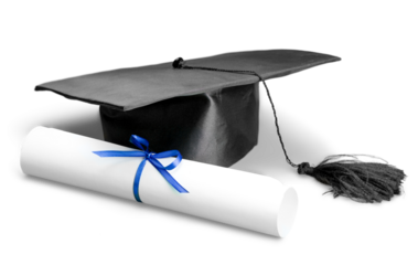Black Graduation Cap with Degree Isolated on White Background.