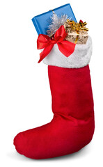 Santa's red stocking. Concept of christmas or holiday.