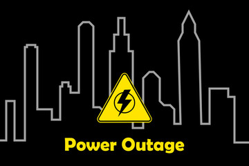 Power outage sign with city skyline. Skyscrapers and other buildings with no light, city in complete darkness.