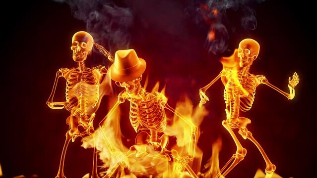 Burning skeletons dancing. Halloween party. Slow motion fire flames with sparks. 