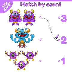 Count and match cartoon monsters and numbers. Math educational game for kids. Printable worksheet for kindergarten and school. Vector illustration.