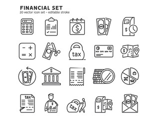 Line icon set for tax payment, tax return, salary payment, personal and family budget, finance control. People study the financial report, audit and accounting. Flat outline icon. Editable stroke