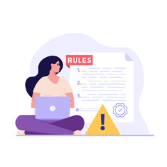 Concept of rules and regulations, company policy, corporate law and business ethics. Business woman demonstrating checklist of rules and regulation standards. Vector illustration in flat design