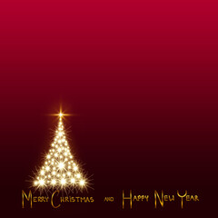 Merry Christmas text on red background and golden fir tree .