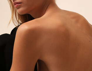 Take care of your own body. Woman back body part. Horizontal mock-up.