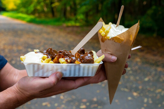 Traditional street food in Belgium, French fried potatoes with beef stew and mayonnaise
