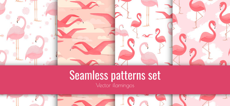 Vector seamless patterns set with many elegant pink flamingos. Bright tropical birds. Trendy fashion print. Flock in flight. Decorative art elements for summer layout design. Wild nature concept. Zoo.