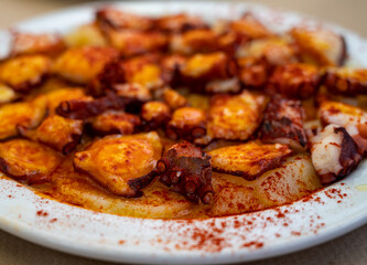 Tasty seafood, grilled octopus galician style with red pimento paprika and potatoes