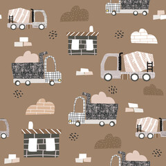 Cute childish seamless pattern with cars, trucks. Boys trendy print. Vector hand drawn illustration. - 539039918