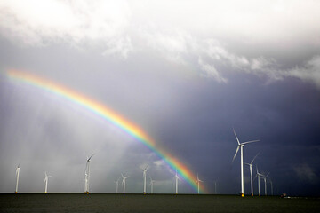 Rainbow and wind-turbines