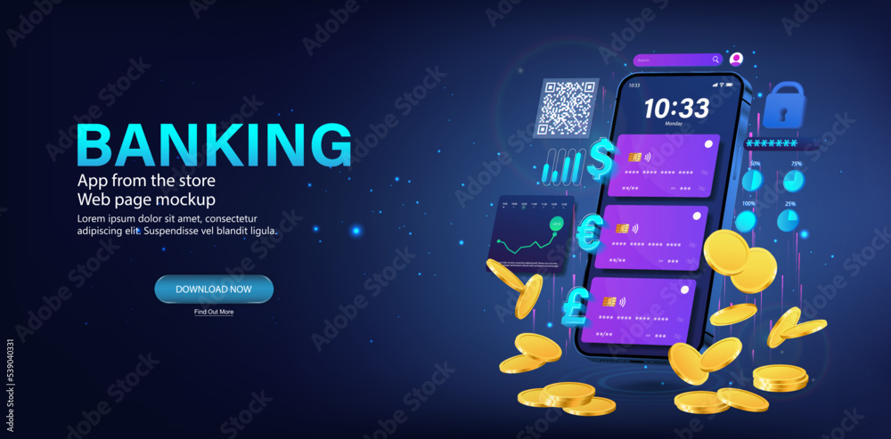 Poster online banking with multicurrency card. 3d smartphone with with many multi-currency credit or debit 