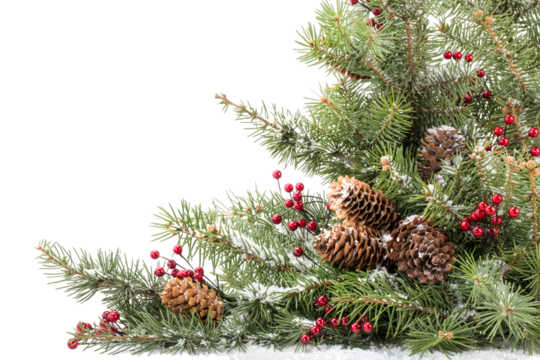 Christmas greeting card with fir tree branches and cones, snow, berries, copy space