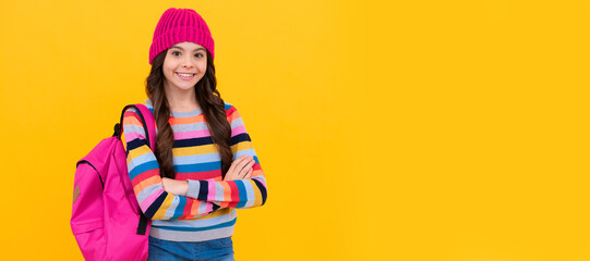 being good girl. knowledge day. teenage student ready to study. child pupil. girl carry backpack. Banner of school girl student. Schoolgirl pupil portrait with copy space.