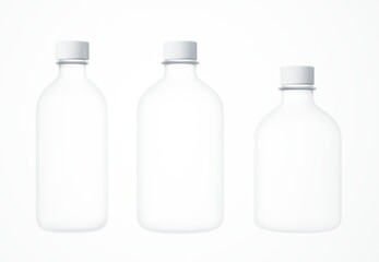 Three different cosmetic bottles on white background 3D render, clear glass care product jars with plastic caps isolated, design ready packaging template
